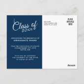 Carte Postale Faire-part photo de graduation moderne - bleu mari (Dos)