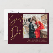 Carte Postale Faire-part Photo de mariage à l'écriture bourguignonne dorée, (Devant / Derrière)