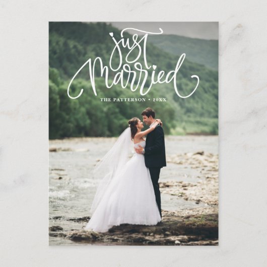 Carte Postale Faire-part Photo de mariage avec lettrage blanc Just Married (Devant)