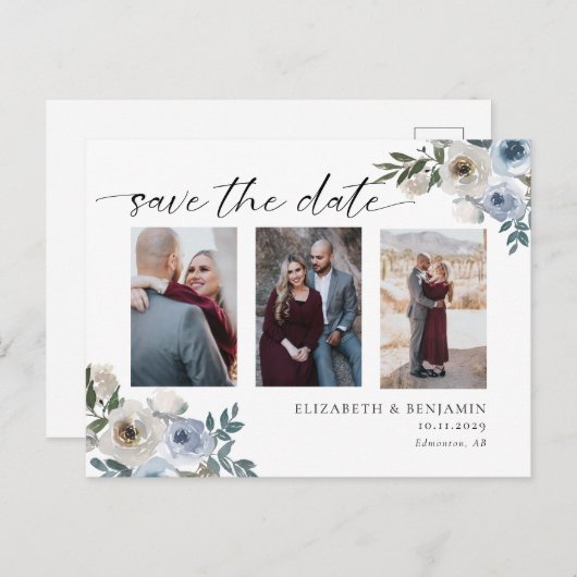 Carte Postale Faire-part Photo de mariage Bleu Poussiéreux Élégant Enregist (Devant / Derrière)