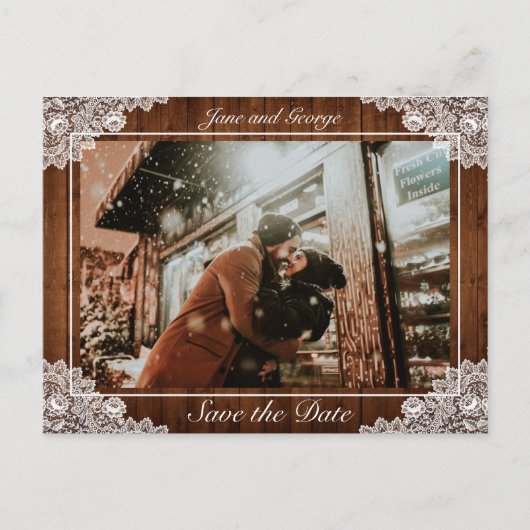 Carte Postale Faire-part Photo de mariage en bois rustique et dentelle blan (Devant)