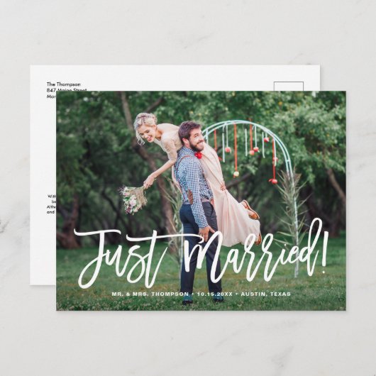 Carte Postale Faire-part Photo de mariage main levée 'Just Married' (Devant / Derrière)