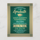Carte Postale Faire-part Photo de remise de diplôme en vert et or métallisé (Devant)