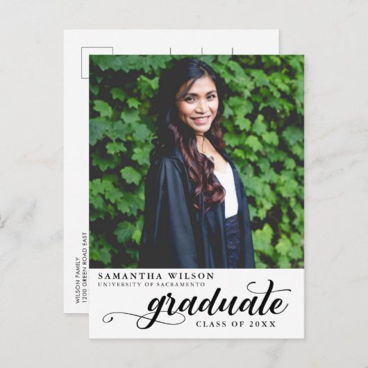 Carte Postale Faire-part Photo de remise de diplômes en écriture moderne (Devant / Derrière)