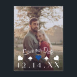 Carte Postale Faire-part Photo de sauvegarde de date de Las Vegas Poker<br><div class="desc">Carte postale de photo de sauvegarde de date pour un mariage à Las Vegas ou pour un amateur de poker ! Le devant comporte un modèle de photo personnalisable et une date avec des couleurs personnalisables sur le graphique. Détails de localisation au verso. L'emplacement du timbre et la ligne médiane...</div>