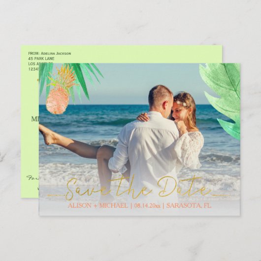 Carte Postale Faire-part Photo de sauvegarde de date de mariage tropical pê (Devant / Derrière)