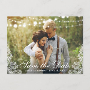 Carte Postale Faire-part Photo de Save the Date en dentelle et guirlandes l