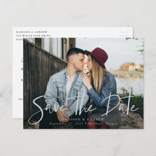 Carte Postale Faire-part Photo de script à lettres majuscules bleues Enregi (Devant / Derrière)