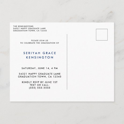 Carte Postale Faire-part Photo de script de Graduation bleu élégant moderne (Dos)