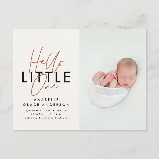 Carte Postale Faire-part Photo de script moderne bonjour petit un (Devant)