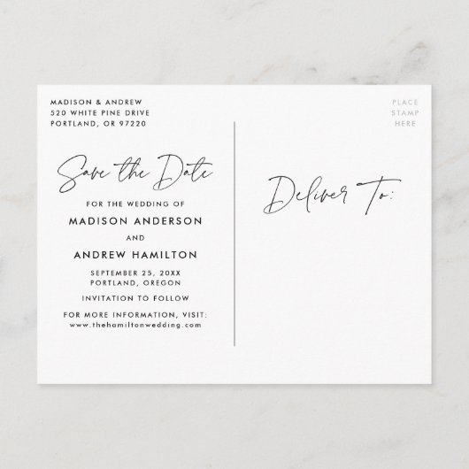Carte Postale Faire-part Photo de script vert moderne Enregistrer la date (Dos)