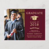 Carte Postale Faire-part Photo élégant Bourgogne Or Diplômé de l'université (Devant)