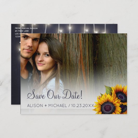 Carte Postale Faire-part PHOTO élégant mariage de tournesols rustiques enre (Devant / Derrière)
