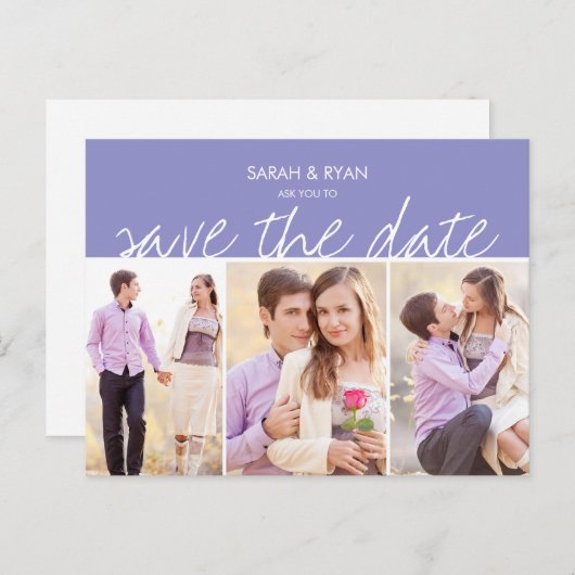 Carte Postale Faire-part Photo élégante Enregistrer la date Purple Stripe C (Devant / Derrière)