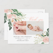 Carte Postale Faire-part Photo élégante fleurs roses merci naissance (Devant / Derrière)