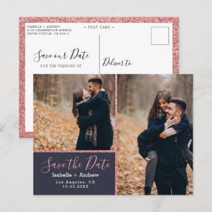 Carte Postale Faire-part Photo Elégante Marine Blue Rose Parties scintillan