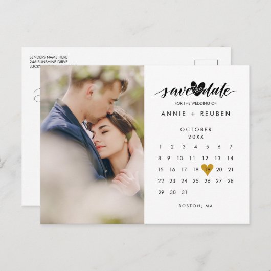 Carte Postale Faire-part Photo Enregistrer la date Calendrier Elegant Gold  (Devant / Derrière)