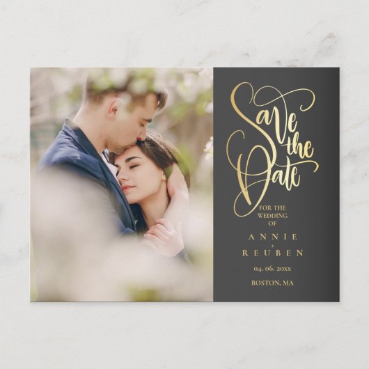 Carte Postale Faire-part Photo Enregistrer la date Elegant Gold Script (Devant)