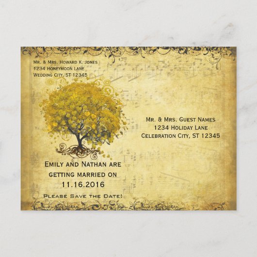 Carte Postale Faire-part Photo Golden Yellow Heart Leaf Tree Enregistrer la (Dos)