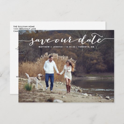 Carte Postale Faire-part Photo manuscrite blanche Enregistrer notre Date II (Devant / Derrière)