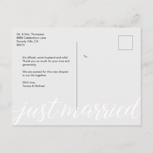 Carte Postale Faire-part Photo Mariage juste marié Script Overlay (Dos)