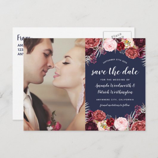 Carte Postale Faire-part Photo Marine Marsala Blush Peony Enregistrer Les C (Devant / Derrière)