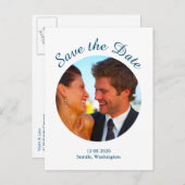 Carte Postale Faire-part Photo moderne Enregistrer la date - bleu (Devant / Derrière)