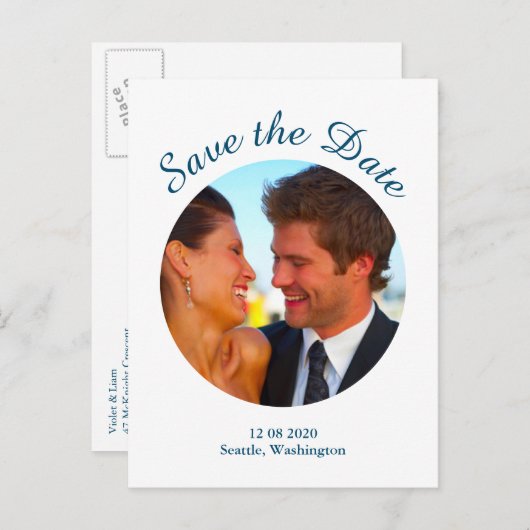 Carte Postale Faire-part Photo moderne Enregistrer la date - bleu (Devant / Derrière)