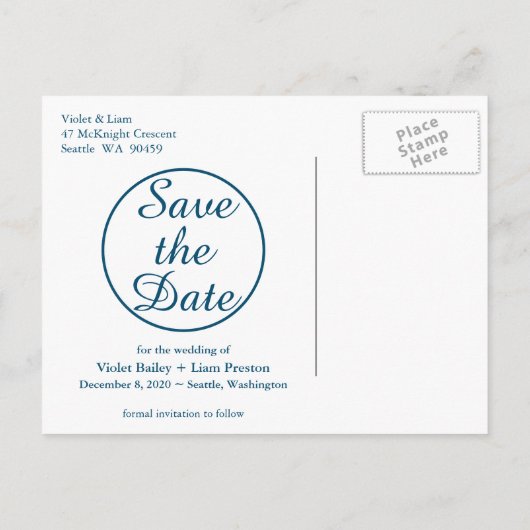 Carte Postale Faire-part Photo moderne Enregistrer la date - bleu (Dos)