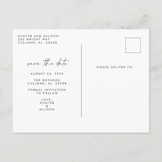 Carte Postale Faire-part Photo moderne Enregistrer la date PostCard (Dos)