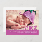 Carte postale faire-part photo moderne fille mauve (Devant / Derrière)