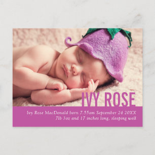 Carte postale faire-part photo moderne fille mauve