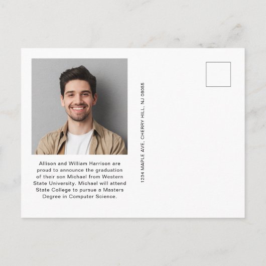 Carte Postale Faire-part Photo moderne Gras Script Bleu Graduation (Dos)