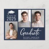 Carte Postale Faire-part Photo moderne Gras Script Bleu Graduation (Devant)