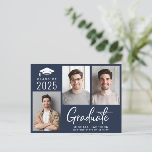 Carte Postale Faire-part Photo moderne Gras Script Bleu Graduation (Debout devant)