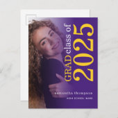 Carte Postale Faire-part Photo moderne Jaune violet 2025 Graduation (Devant / Derrière)