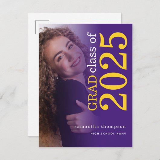 Carte Postale Faire-part Photo Moderne Jaune Violet 2025 Remise de diplômes (Devant / Derrière)