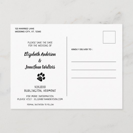 Carte Postale Faire-part Photo moderne Mariage Chien Enregistrer La Date (Dos)