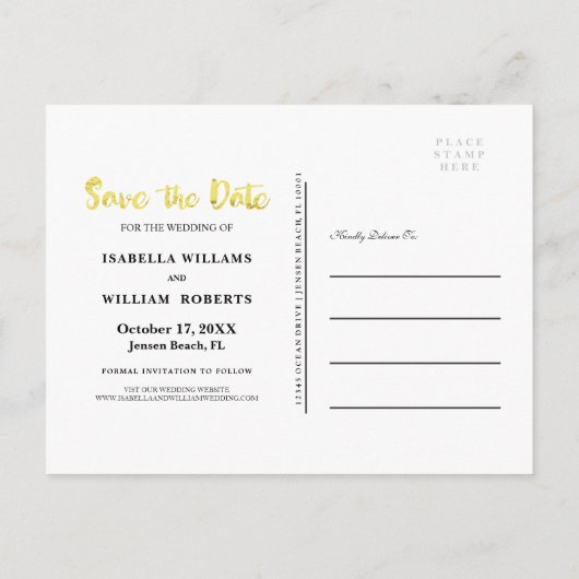 Carte Postale Faire-part Photo Navy Blue Gold Foil Enregistrer la date (Dos)