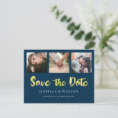 Carte Postale Faire-part Photo Navy Blue Gold Foil Enregistrer la date (Debout devant)