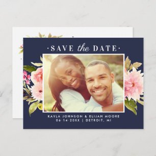 Carte Postale Faire-part Photo Navy Pink Watercolor Flowers Enregistrer la