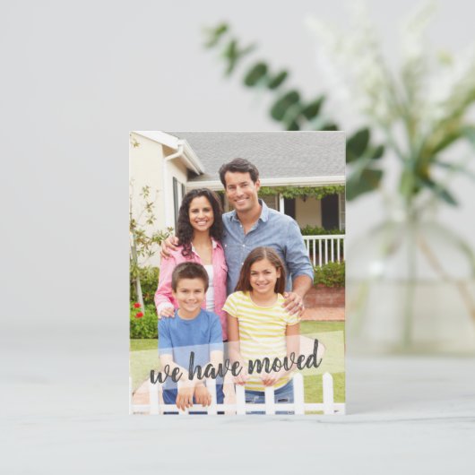 Carte Postale Faire-part Photo Nous Avons Déplacé La Brosse Script Overlay (Debout devant)