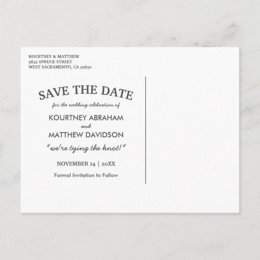 Carte Postale Faire-part Photo rustique Enregistrer la date | Mariage de to (Dos)