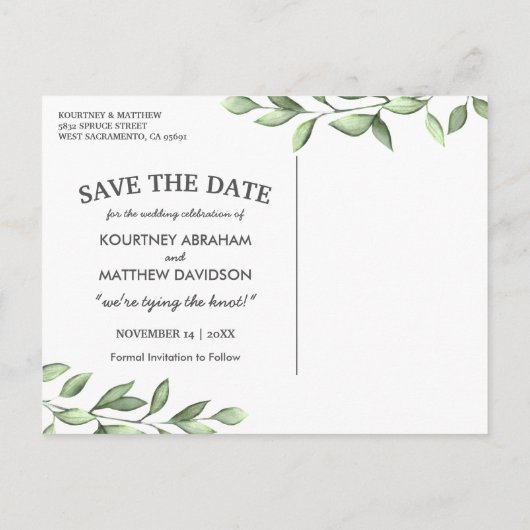Carte Postale Faire-part Photo rustique Enregistrer la date | Mariage verdo (Dos)