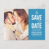 CARTE POSTALE FAIRE-PART PHOTO SCRIPT NAUTIQUE BLEU ENREGISTRER LA DATE CAR (Devant)