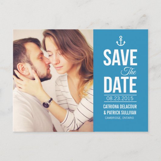 CARTE POSTALE FAIRE-PART PHOTO SCRIPT NAUTIQUE BLEU ENREGISTRER LA DATE CAR (Devant)