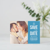 CARTE POSTALE FAIRE-PART PHOTO SCRIPT NAUTIQUE BLEU ENREGISTRER LA DATE CAR (Debout devant)