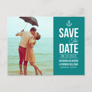 Carte Postale Faire-part PHOTO SCRIPT NAUTIQUE turquoise ENREGISTRER LA DAT