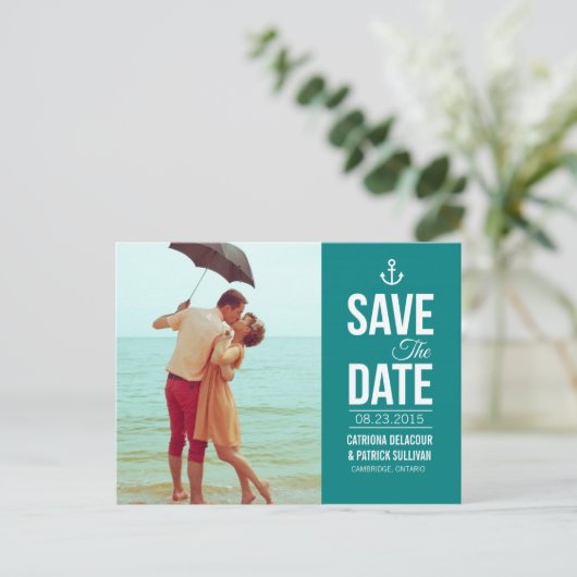 Carte Postale Faire-part PHOTO SCRIPT NAUTIQUE turquoise ENREGISTRER LA DAT (Debout devant)