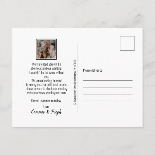 Carte Postale Faire-part Photo simple moderne BW Texte Mariage Enregistrer  (Dos)